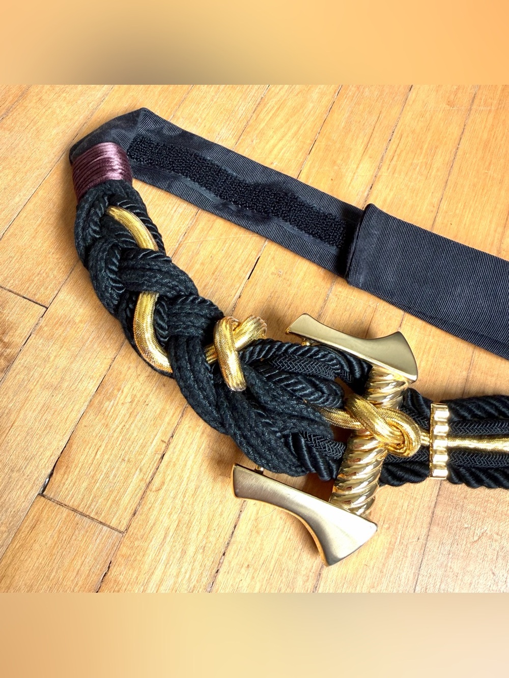 Carolyn Tanner Design 1980’s STATEMENT BELT Vintage Huge GOLD Buckle Black Rope